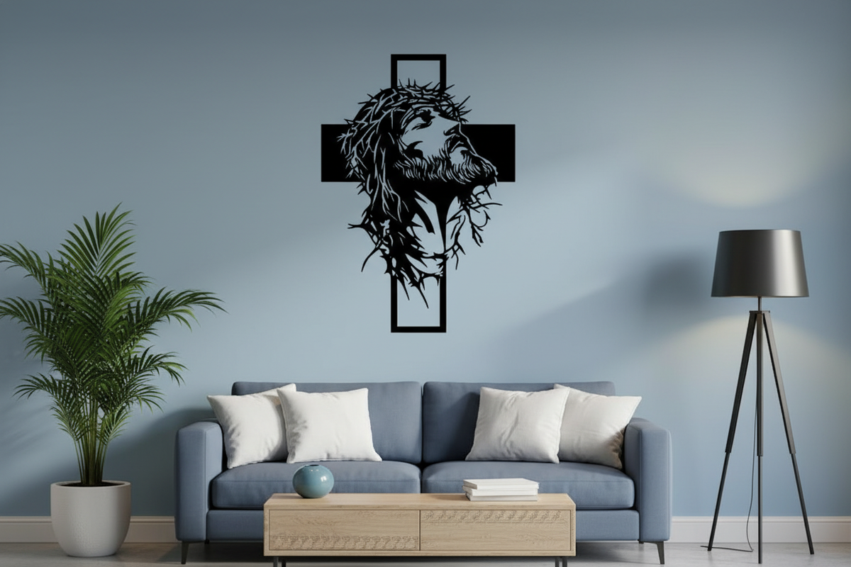 Blessed Sacrifice Jesus wall art hanging on a soft sky blue wall in a modern South Asian home, with slate blue and white acce